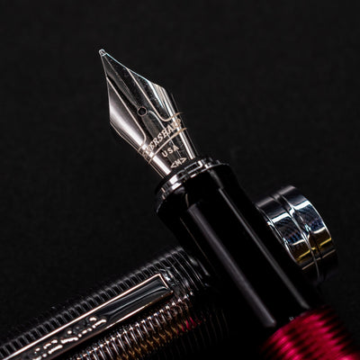 Detailed close-up of the chrome nib on the Wahl Eversharp Skyline Fountain Pen - Red & Chrome