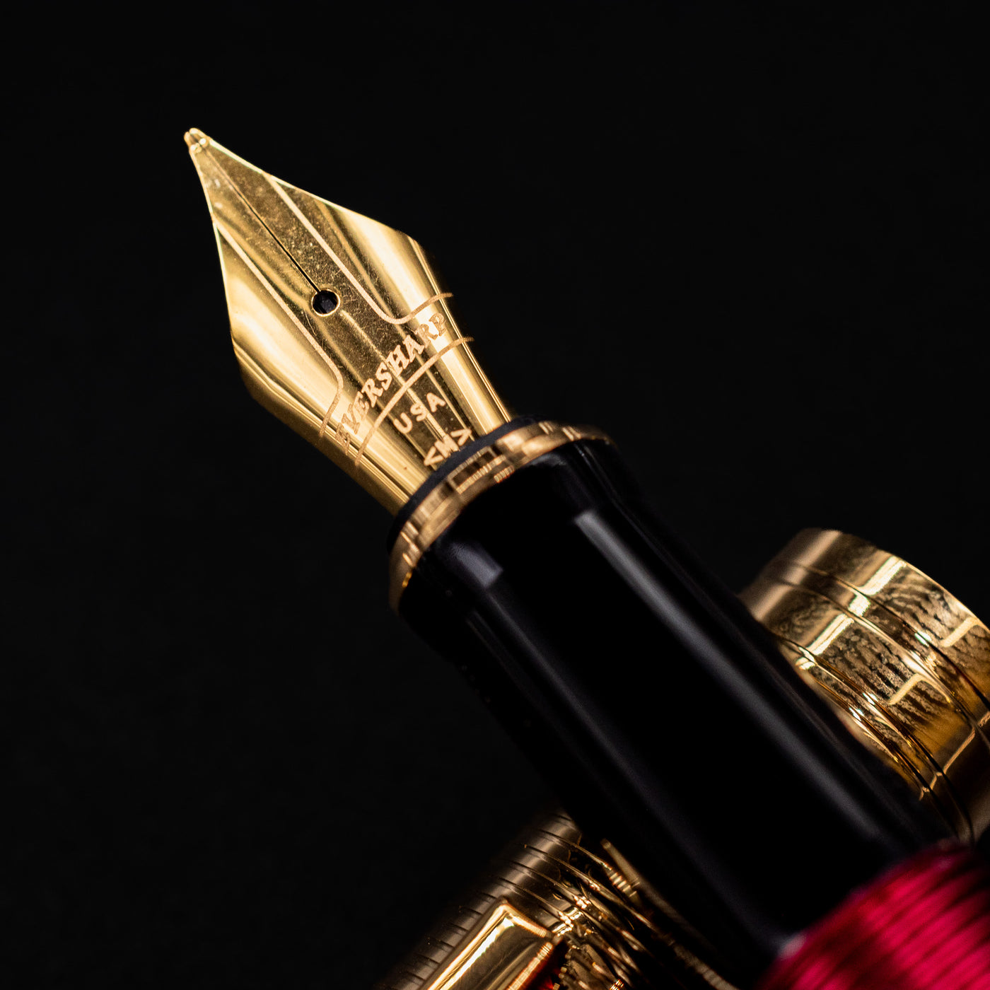 Macro image of the gold nib on the Wahl Eversharp Skyline Red & Gold Fountain Pen.