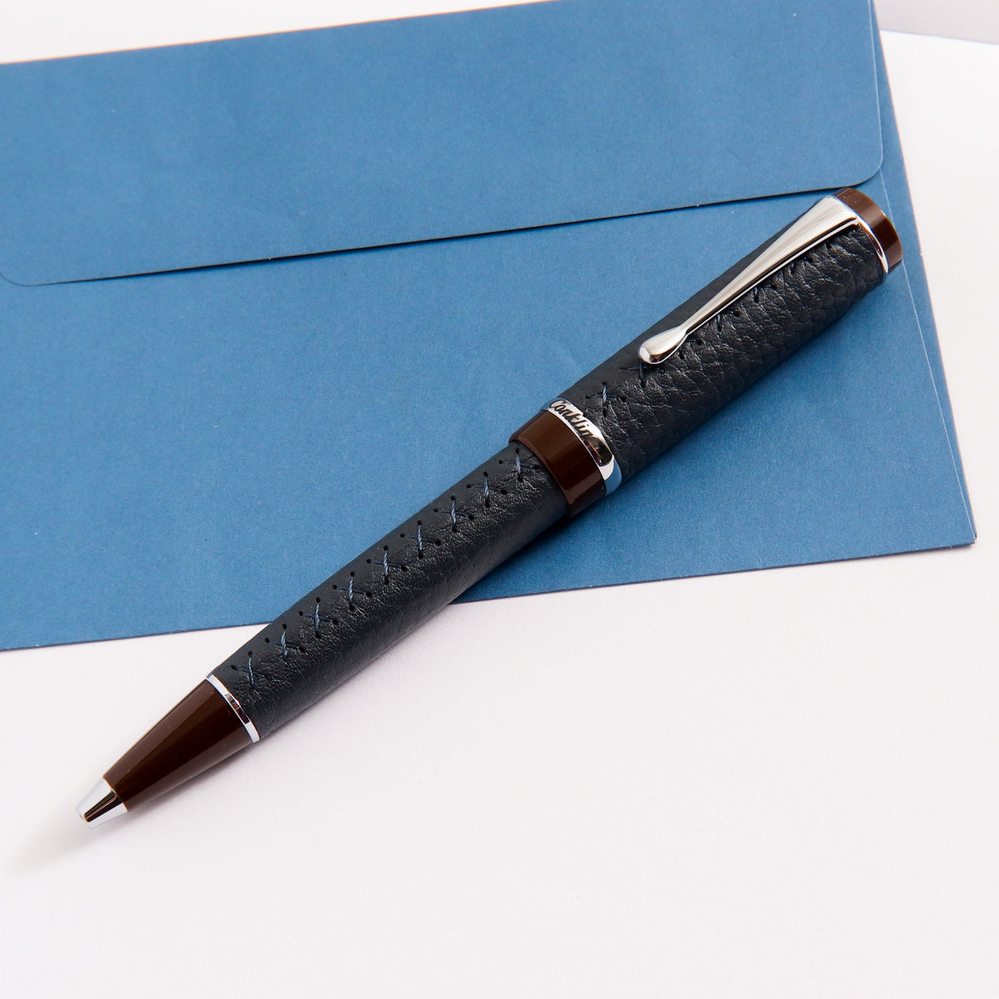 Conklin-Duragraph-Savoy-Ballpoint-Pen-Blue-Leather-Brown-Resin-Chrome-Trim