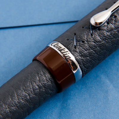 Conklin-Duragraph-Savoy-Fountain-Pen-Blue-Leather-Brown-Resin-Chrome-Trim