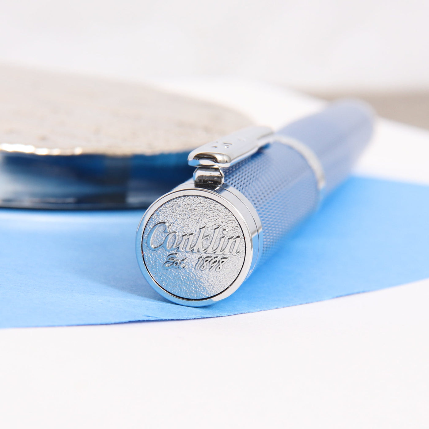Conklin-Herringbone-Signature-Blue-Fountain-Pen-Logo-On-Cap