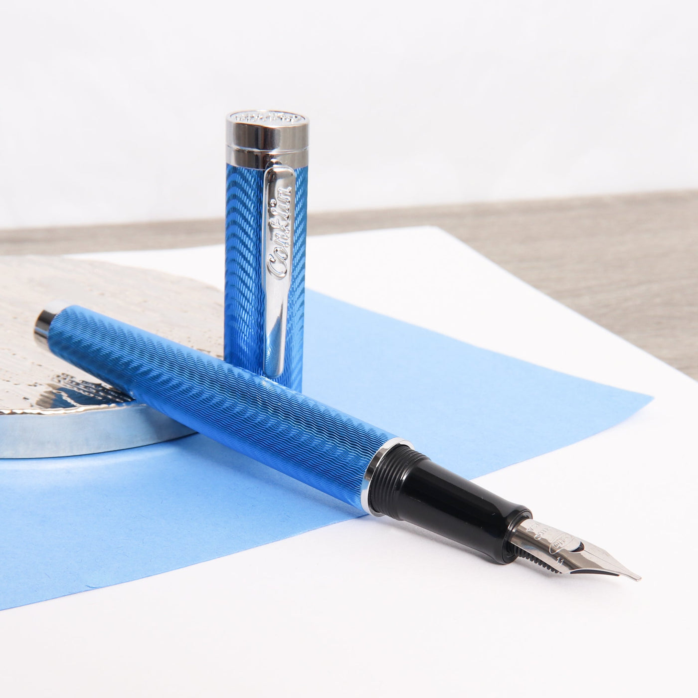 Conklin-Herringbone-Signature-Blue-Fountain-Pen-Uncapped