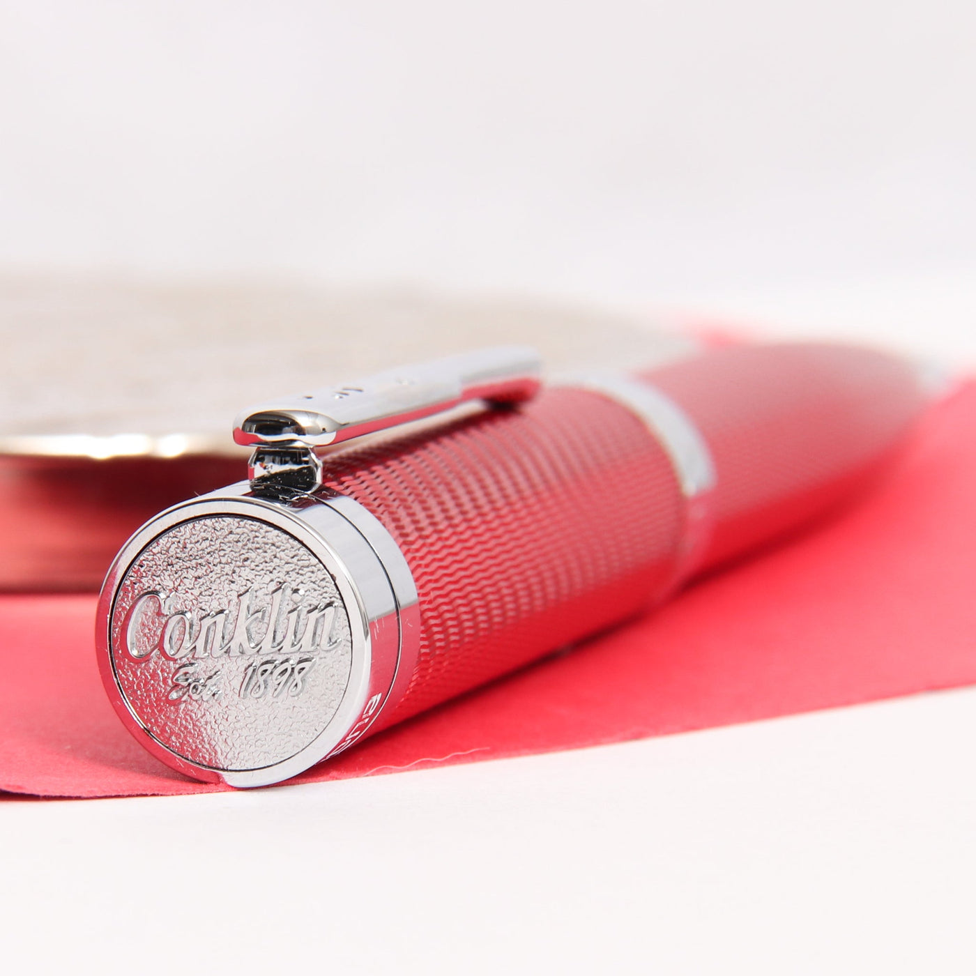 Conklin-Herringbone-Signature-Red-Ballpoint-Pen-Logo-On-Cap