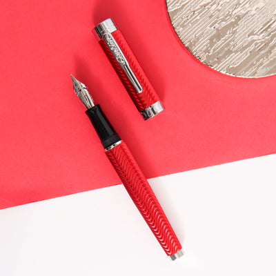 Conklin-Herringbone-Signature-Red-Fountain-Pen-Metal-Barrel