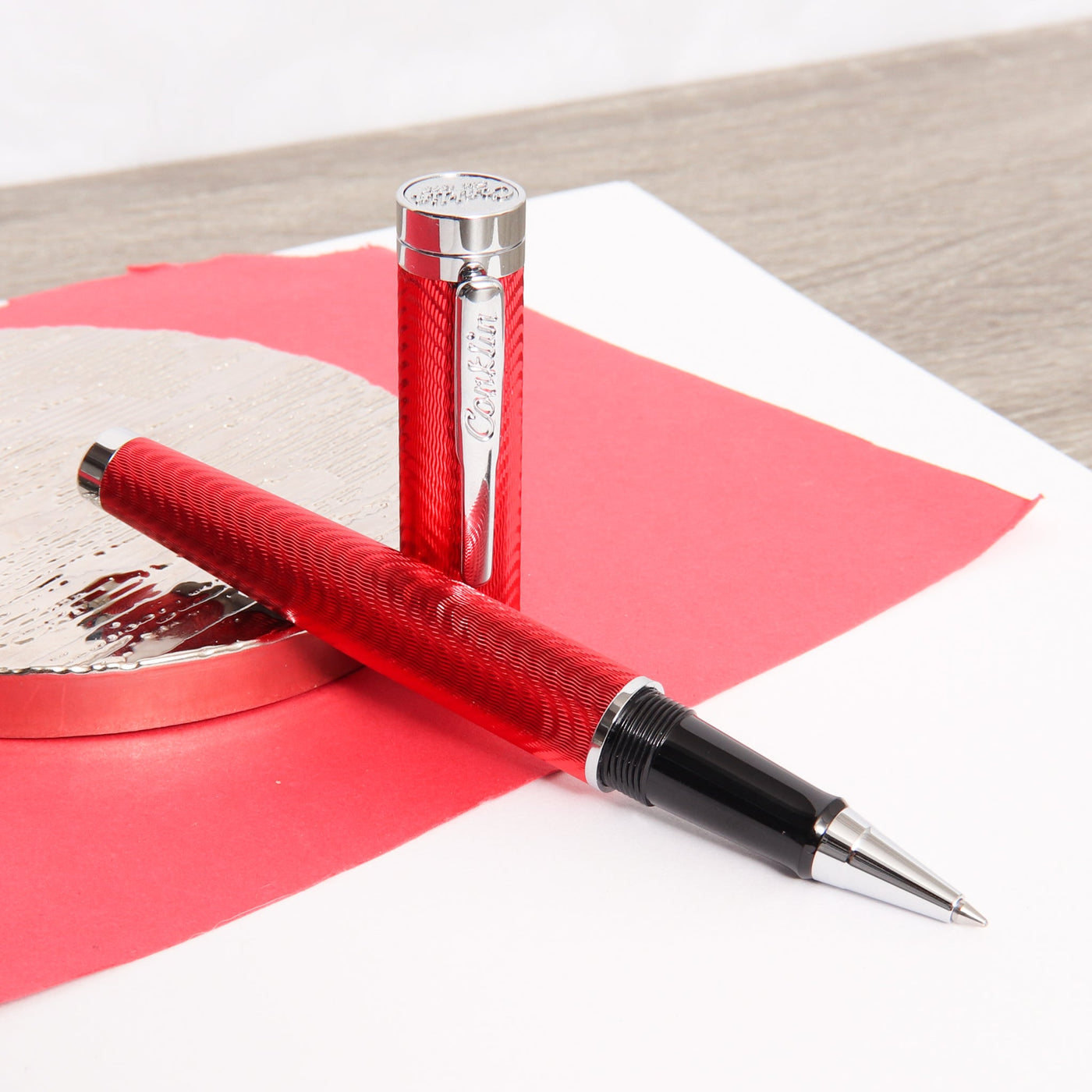 Conklin-Herringbone-Signature-Red-Rollerball-Pen-Uncapped