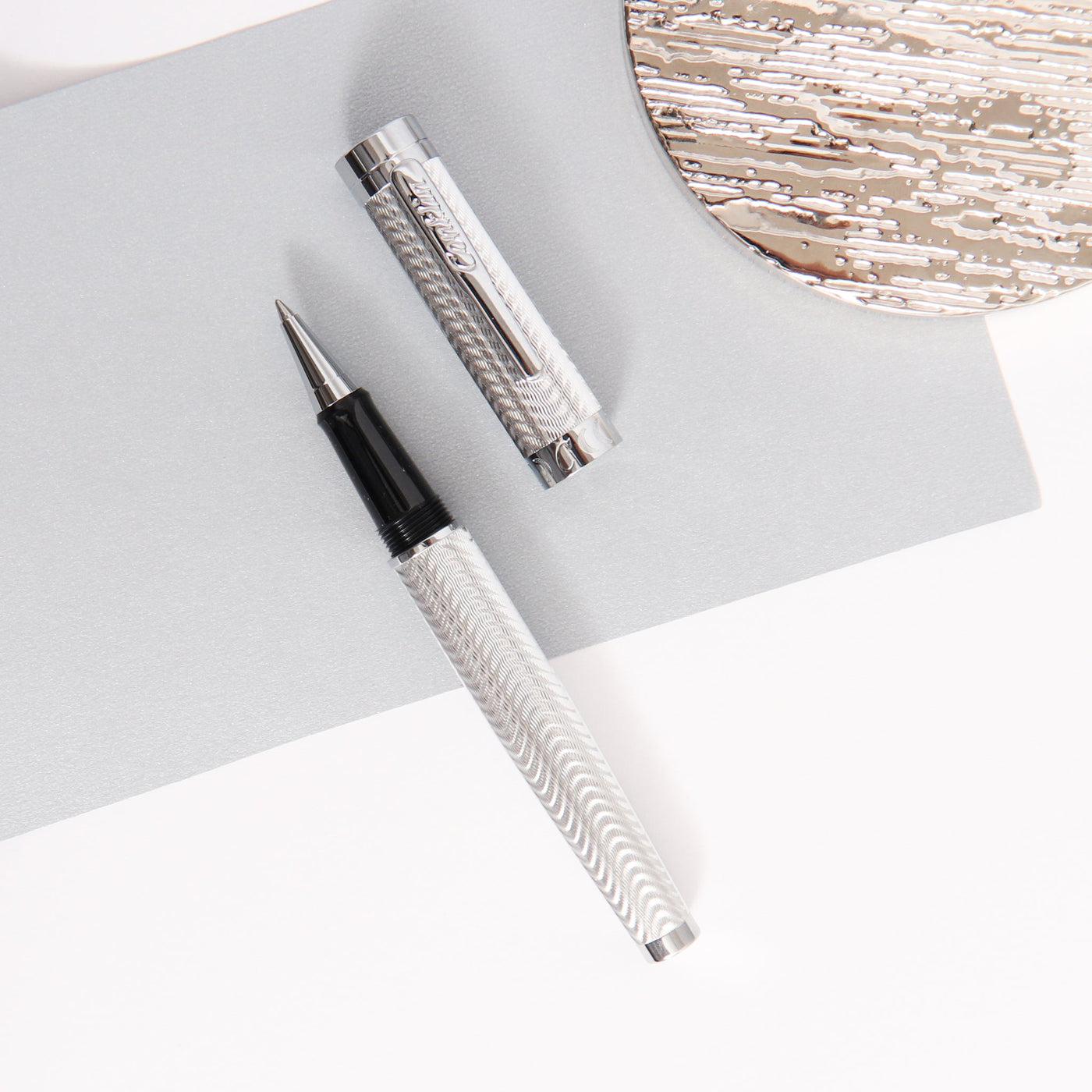 Conklin-Herringbone-Signature-Silver-Rollerball-Pen-Metal-Barrel