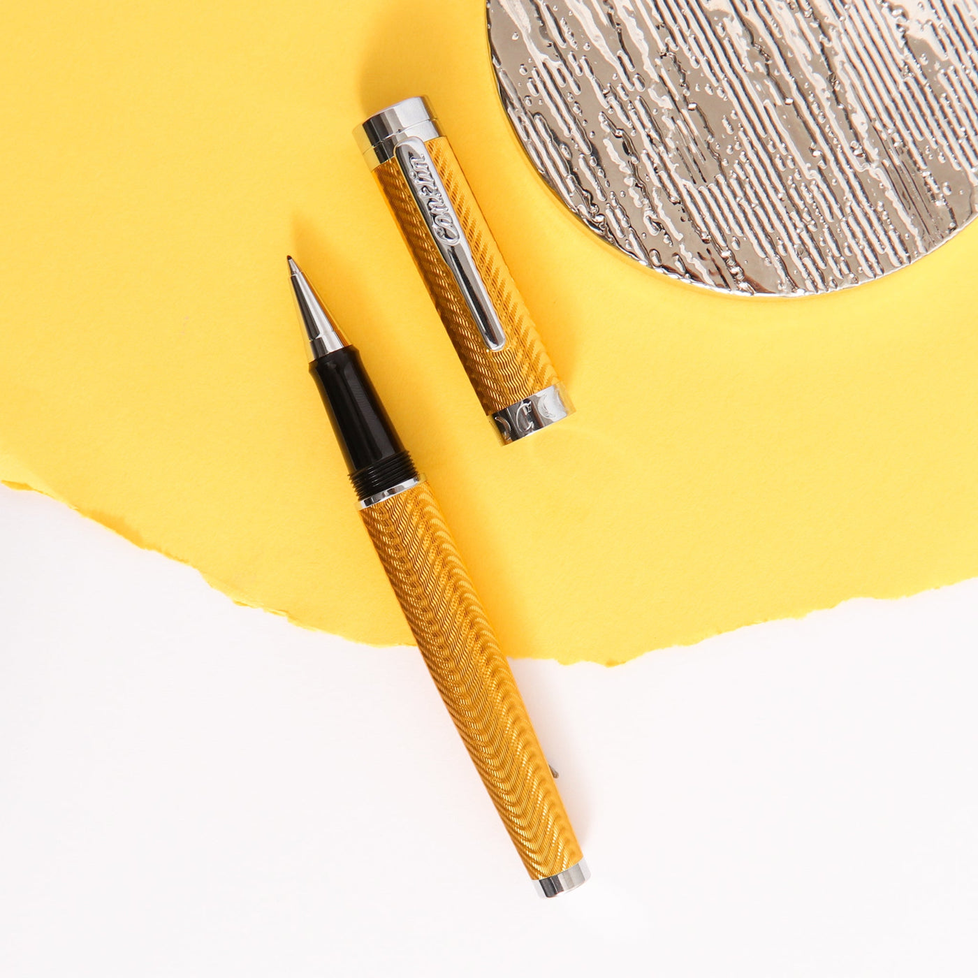 Conklin-Herringbone-Signature-Yellow-Rollerball-Pen-Metal-Barrel