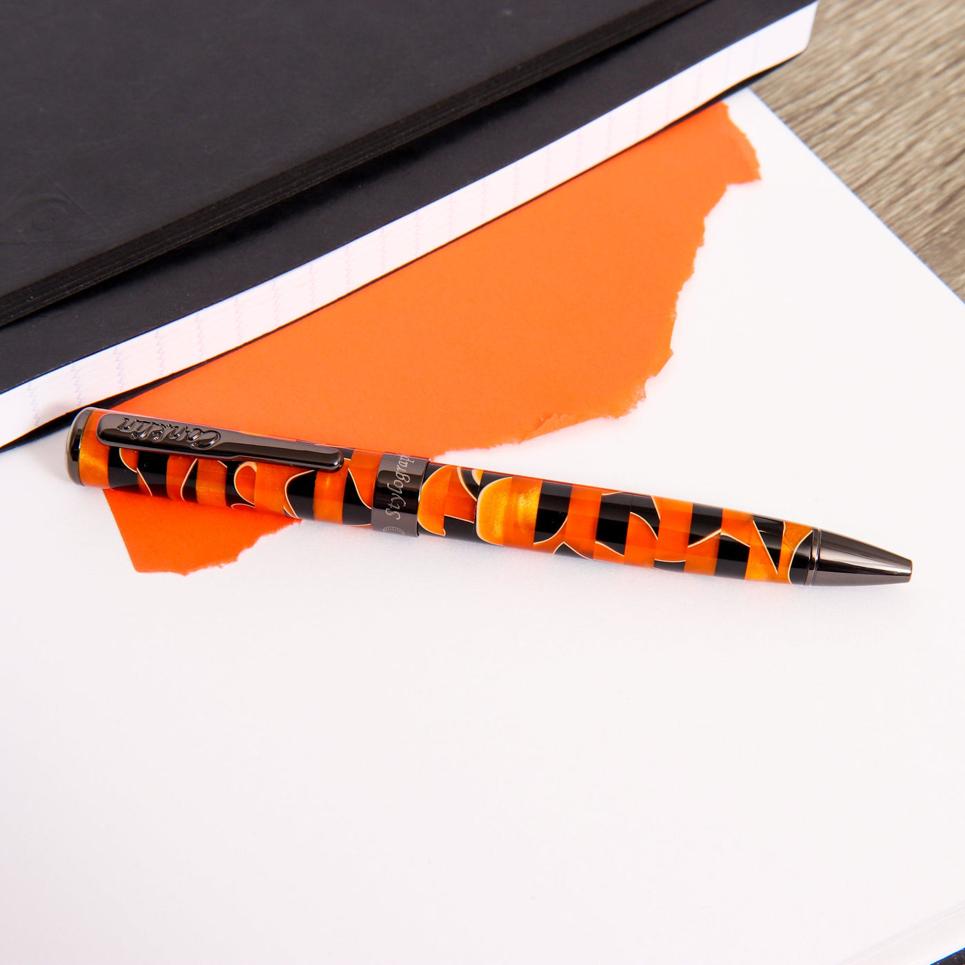 Conklin-Stylograph-Mosaic-Orange-Black-Ballpoint-Pen-Closed