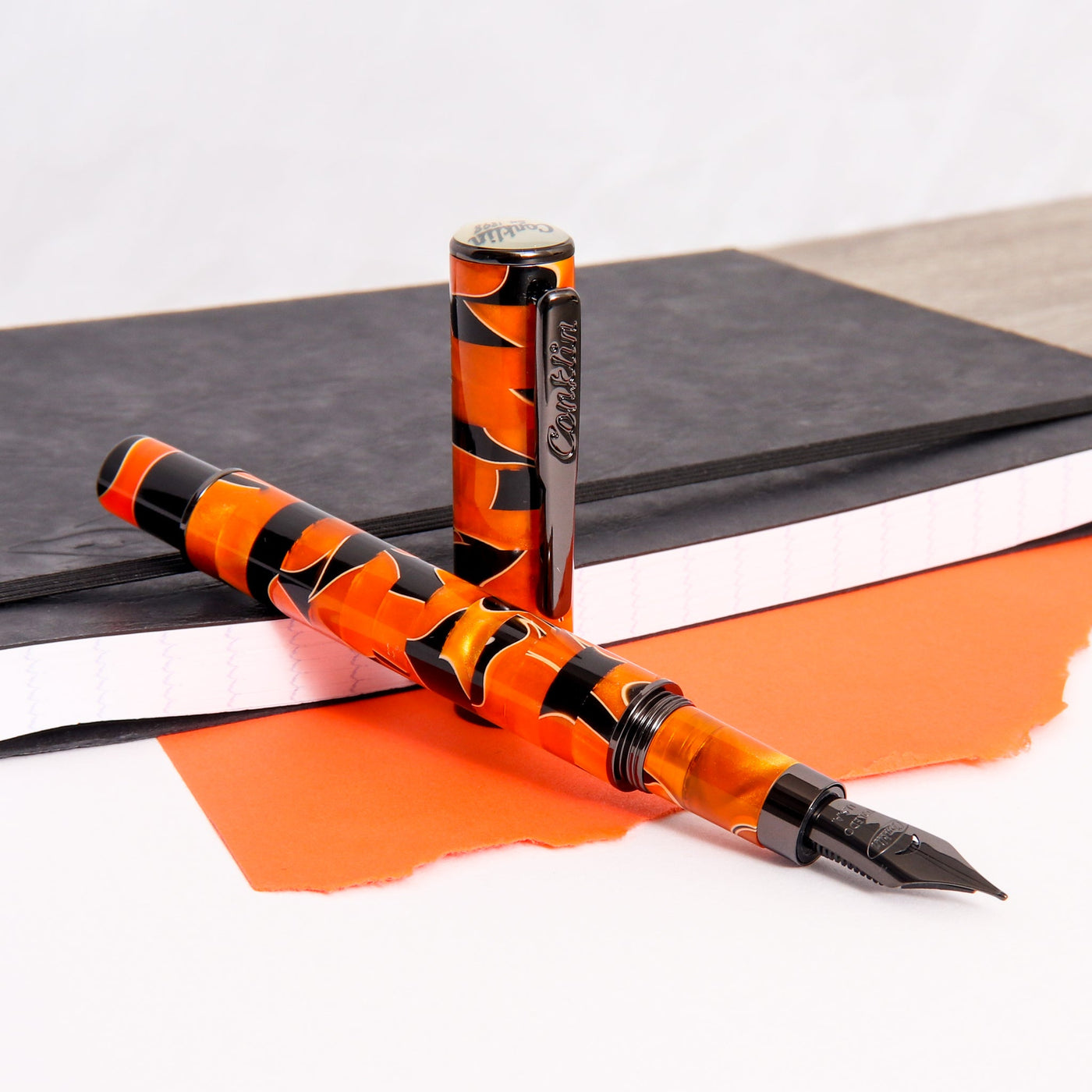 Conklin-Stylograph-Mosaic-Orange-Black-Fountain-Pen-Uncapped