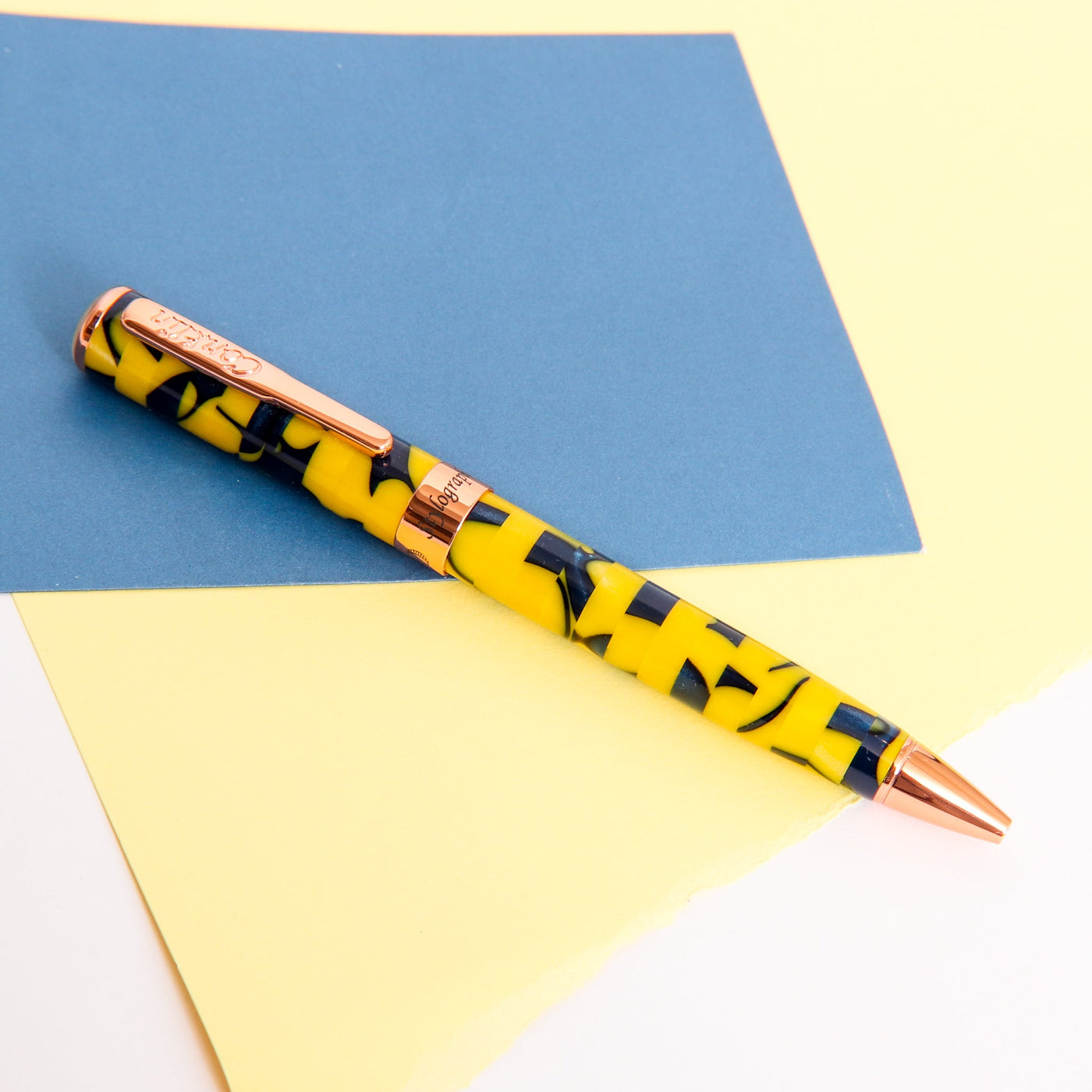 Conklin-Stylograph-Mosaic-Yellow-Blue-Ballpoint-Pen-Closed