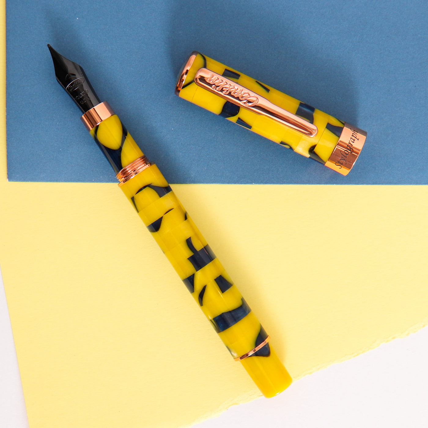 Conklin-Stylograph-Mosaic-Yellow-Blue-Fountain-Pen-With-Rose-Gold-Trim