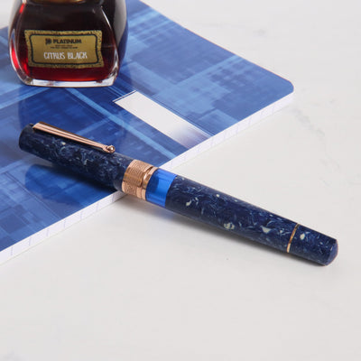 Delta Lapis Blue Celluloid Rose Gold Fountain Pen Capped