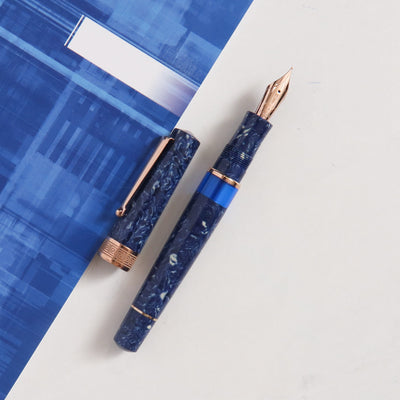 Delta Lapis Blue Celluloid Rose Gold Fountain Pen Marbled