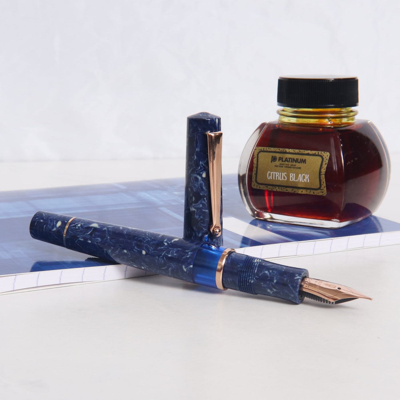 Delta Lapis Blue Celluloid Rose Gold Fountain Pen Uncapped