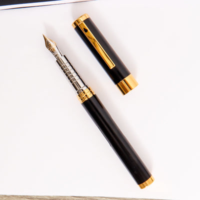 Diplomat-Nexus-Black-&-Gold-Fountain-Pen-14k-Nib-With-Gold-Trim