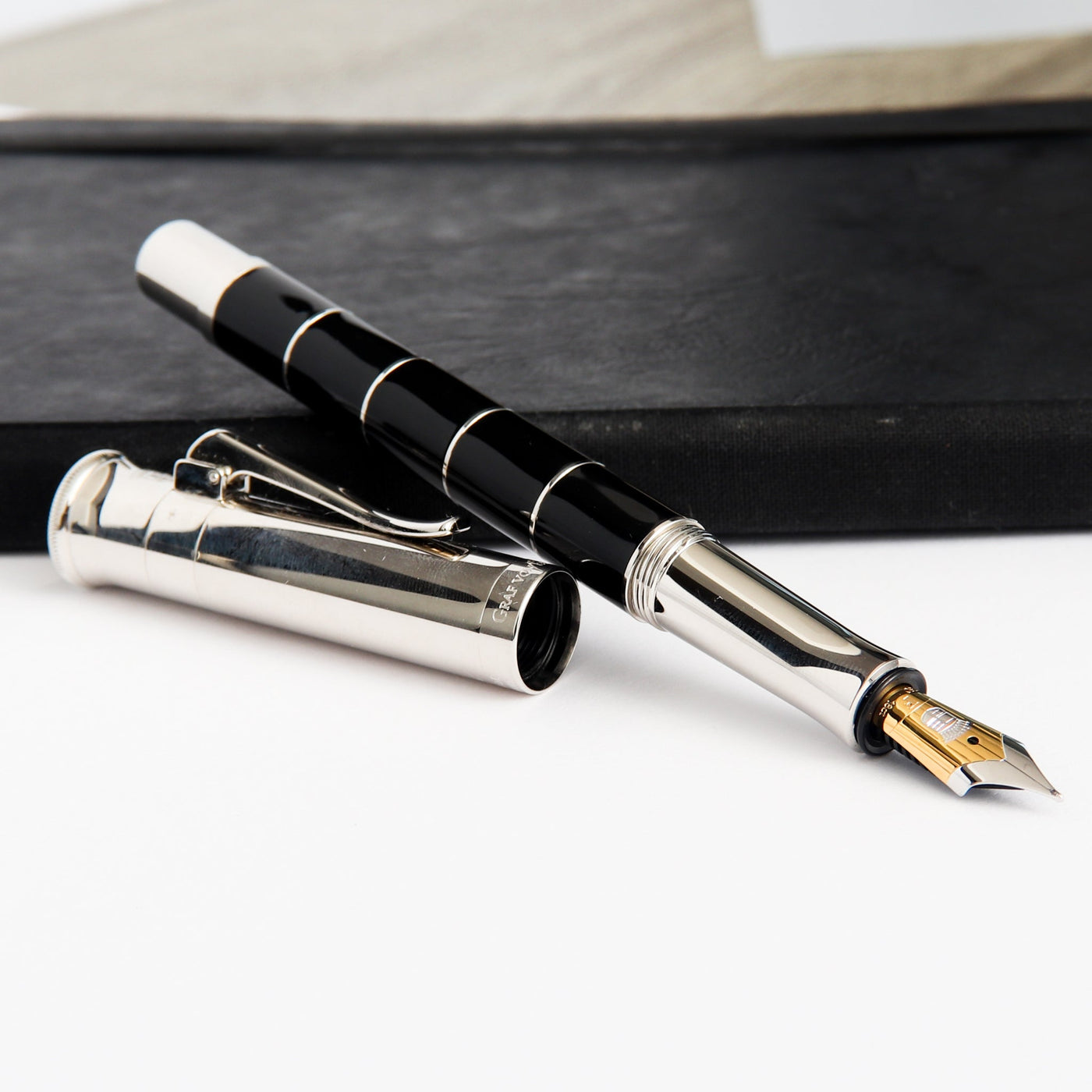 Graf von Faber Castell Classic Anello Black Platinum Plated Metail Rings Fountain Pen