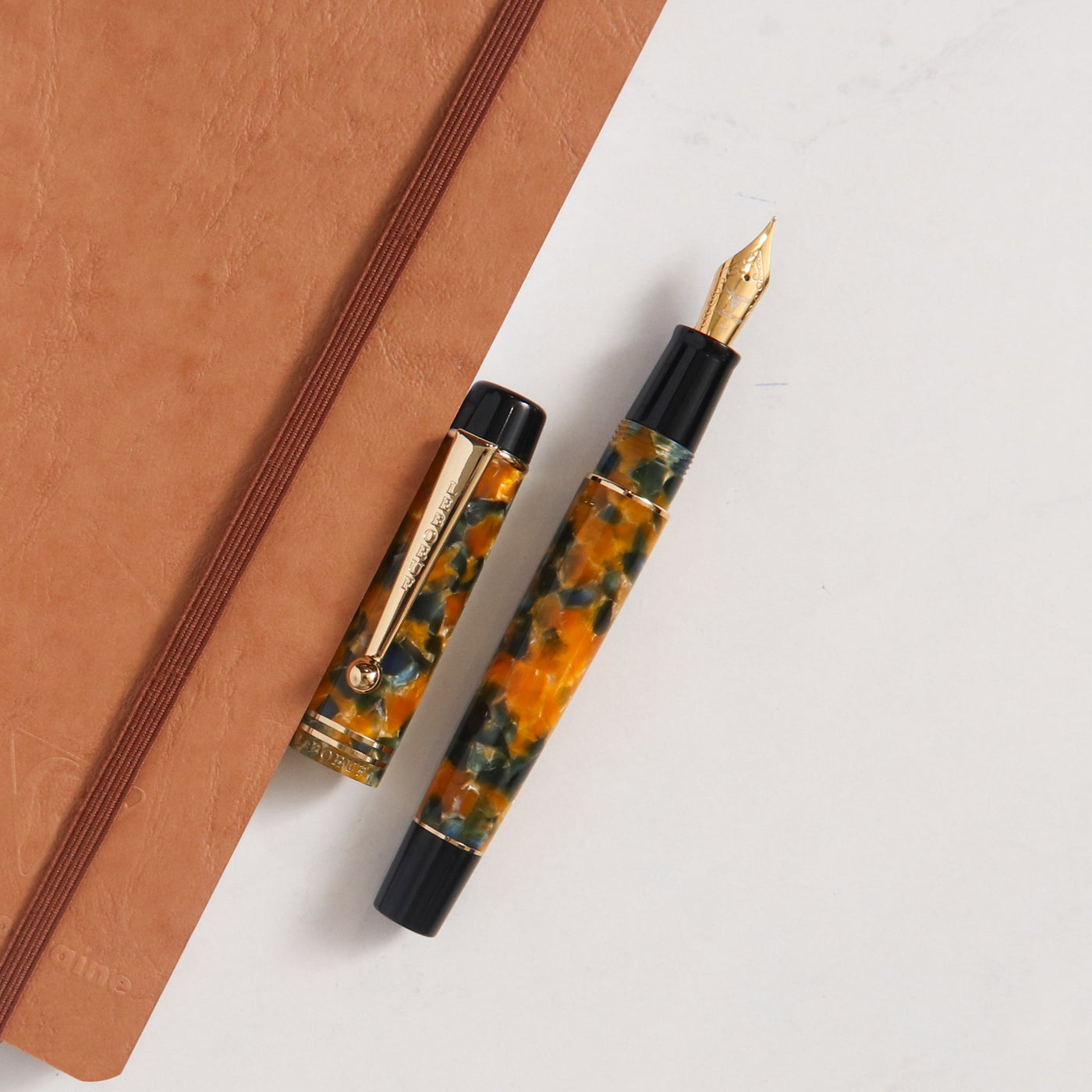Leboeuf Pilgrim Amber Navy Pearl Fountain Pen With Gold Trim
