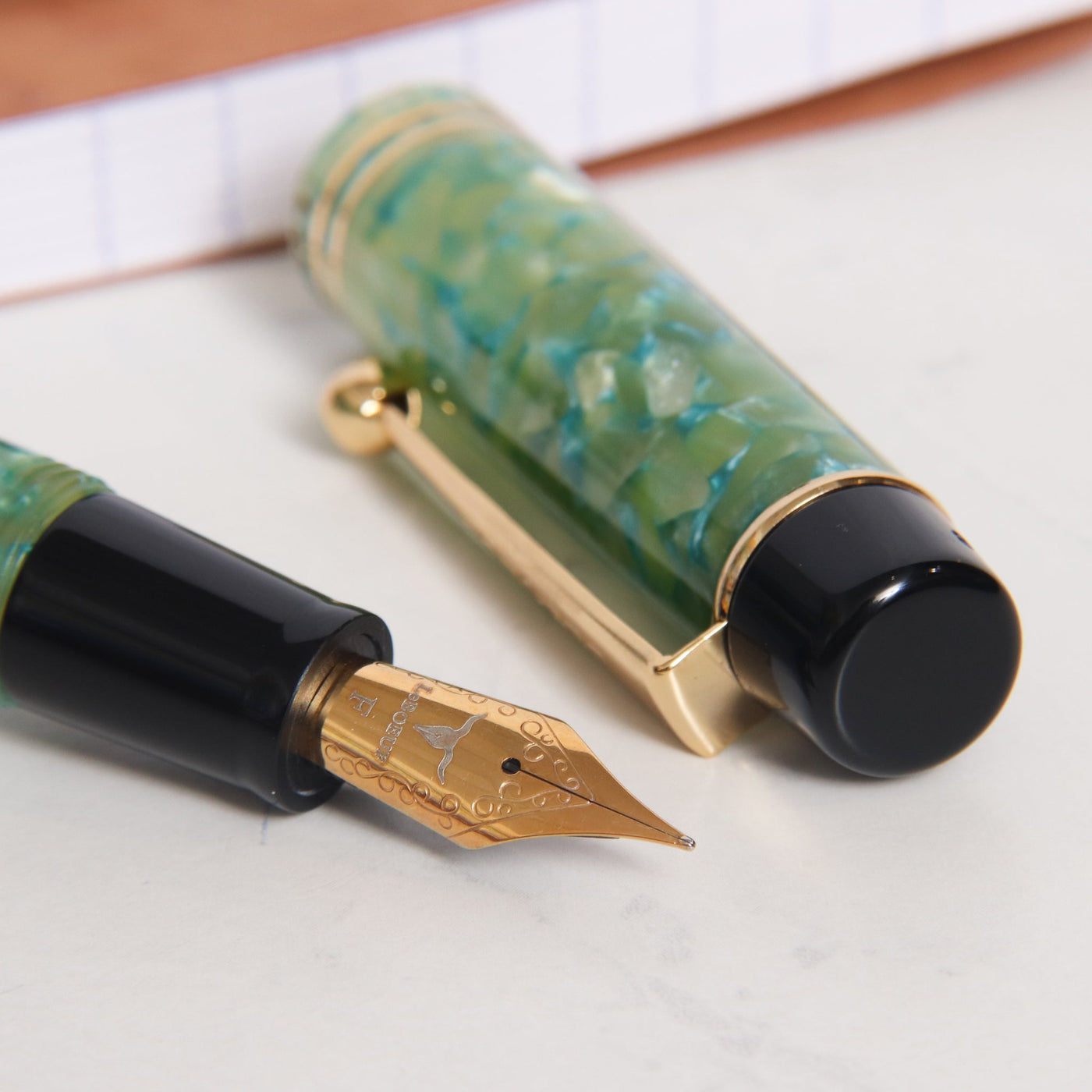 Leboeuf Pilgrim Marine Green Marble Fountain Pen Nib Details