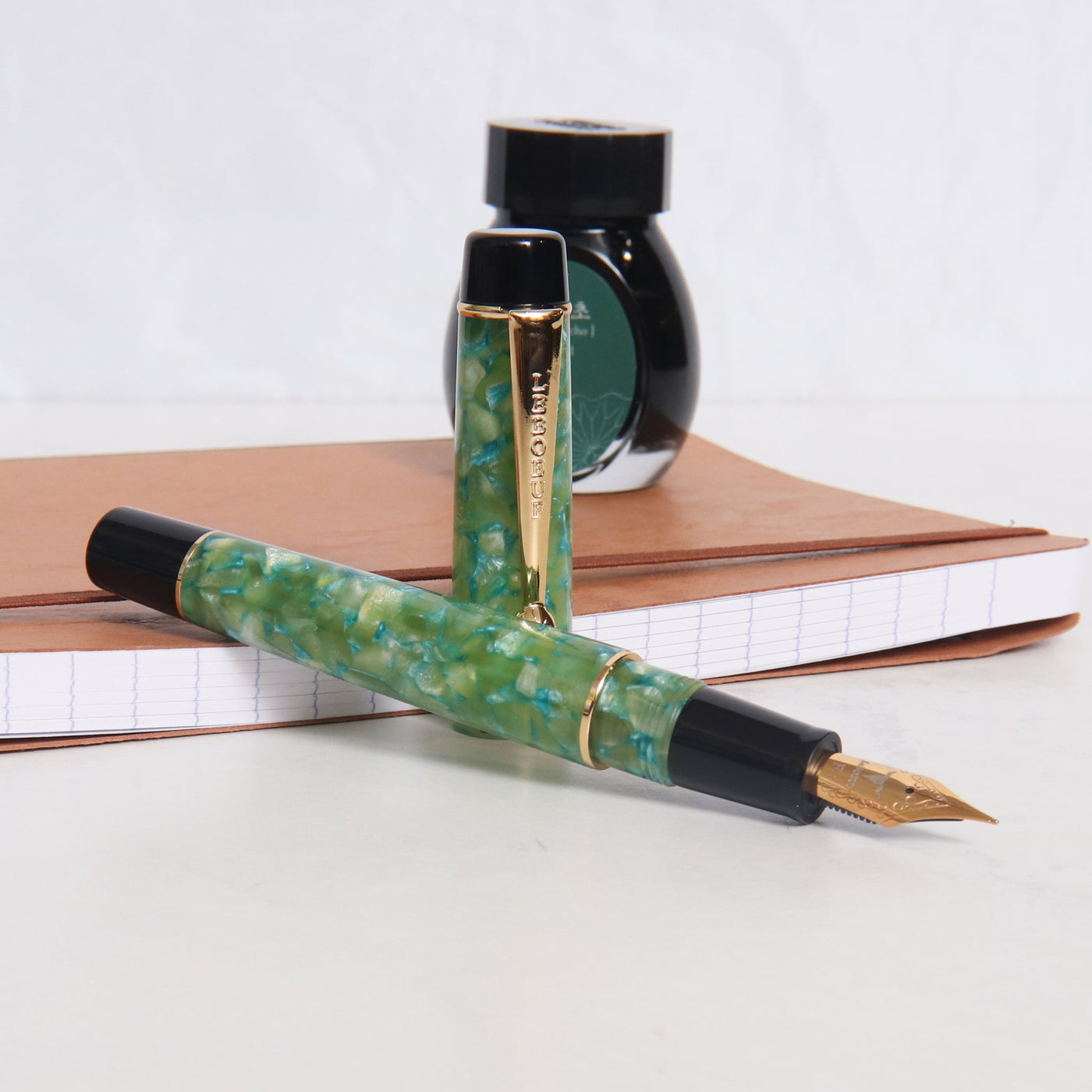 Leboeuf Pilgrim Marine Green Marble Fountain Pen Uncapped