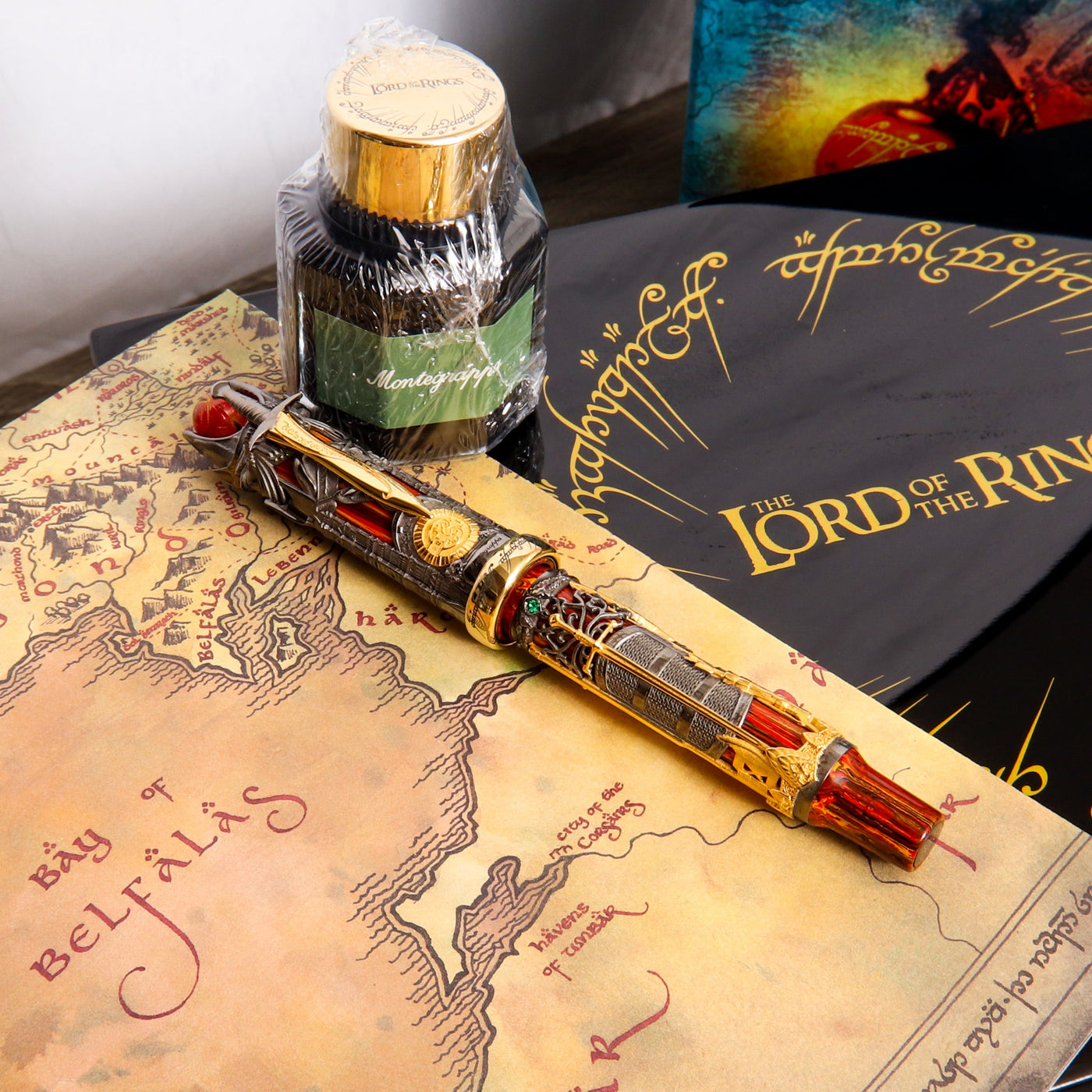 Montegrappa Lord of the Rings Doom Fountain Pen Crafted with Sterling Silver and Montegrappite Artisanal Resin and Plated with Ruthenium and Yellow Gold
