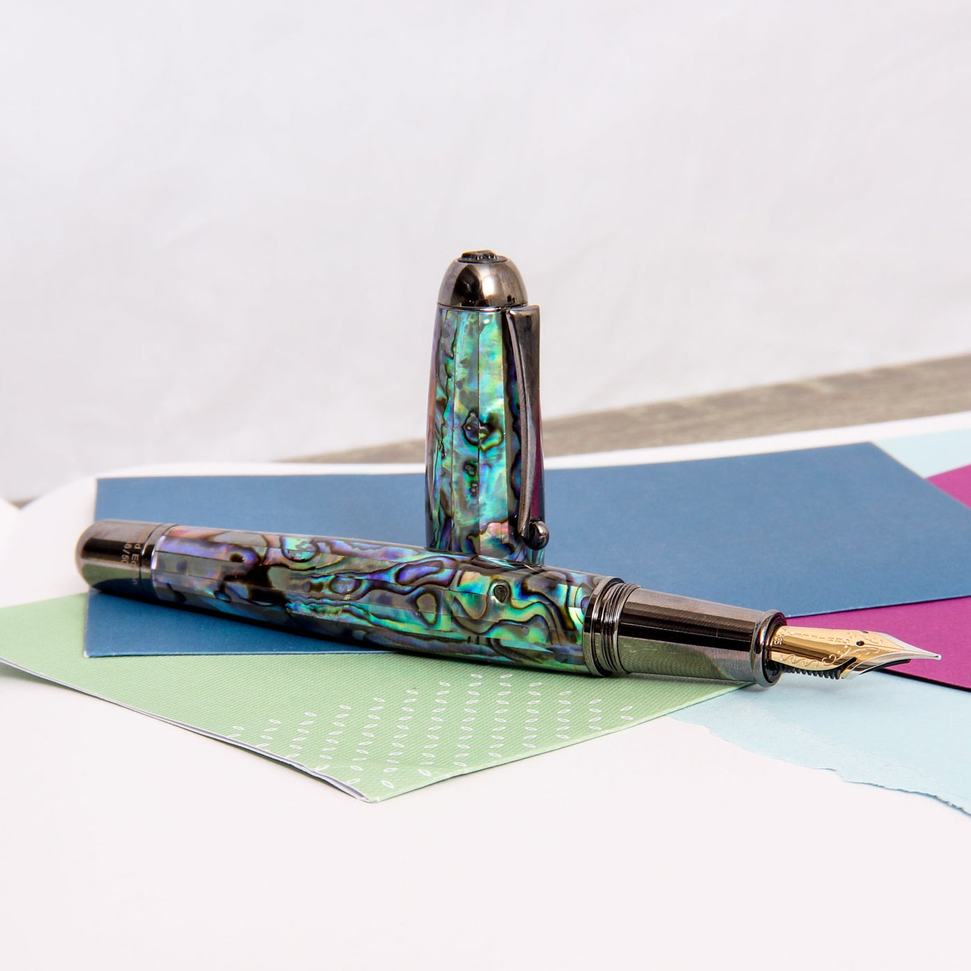 Monteverde-Super-Mega-Abalone-&-Gunmetal-Fountain-Pen-14k-Nib-Uncapped