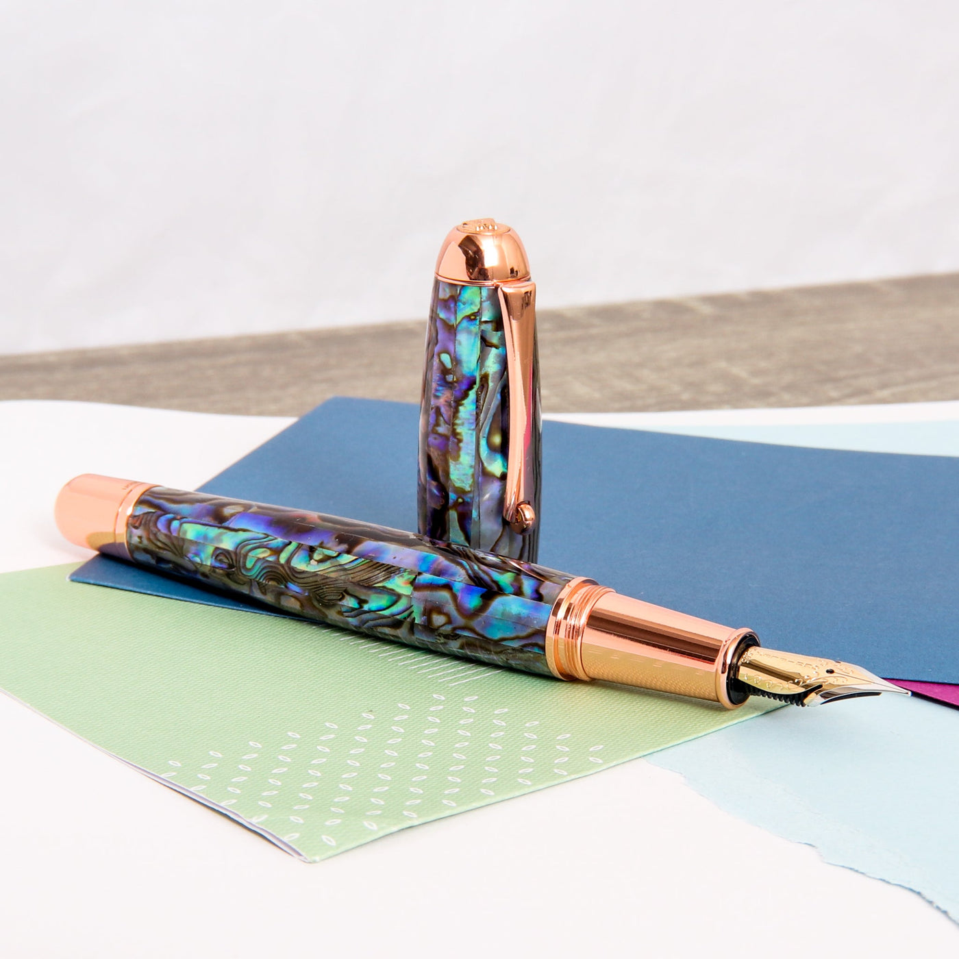 Monteverde-Super-Mega-Abalone-&-Rose-Gold-Fountain-Pen-14k-Nib-Uncapped