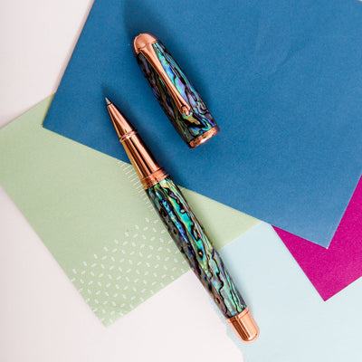 Monteverde-Super-Mega-Abalone-&-Rose-Gold-Rollerball-Pen-Blue-Purple-Green