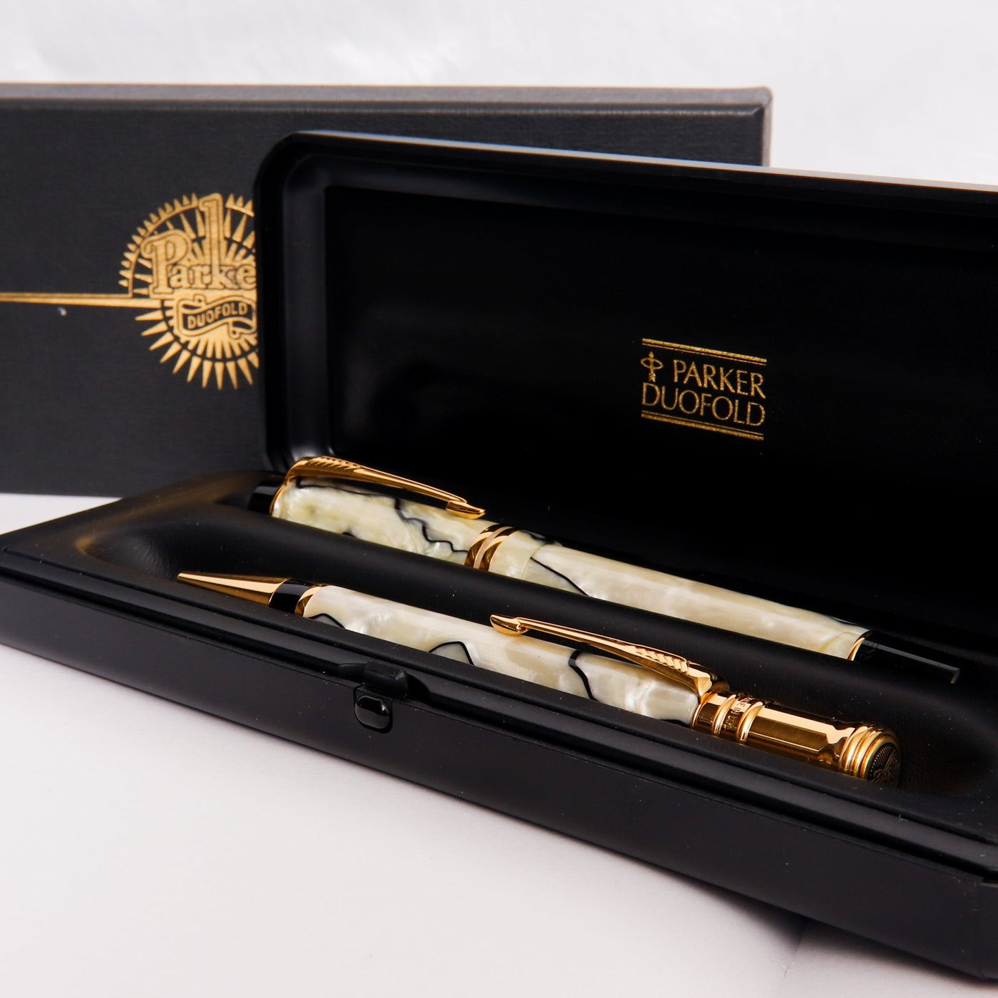 Parker Duofold Centennial Pearl & Black Fountain Pen & Ballpoint Set Packaging