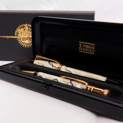 Parker Duofold Centennial Pearl & Black Fountain Pen & Ballpoint Set Packaging