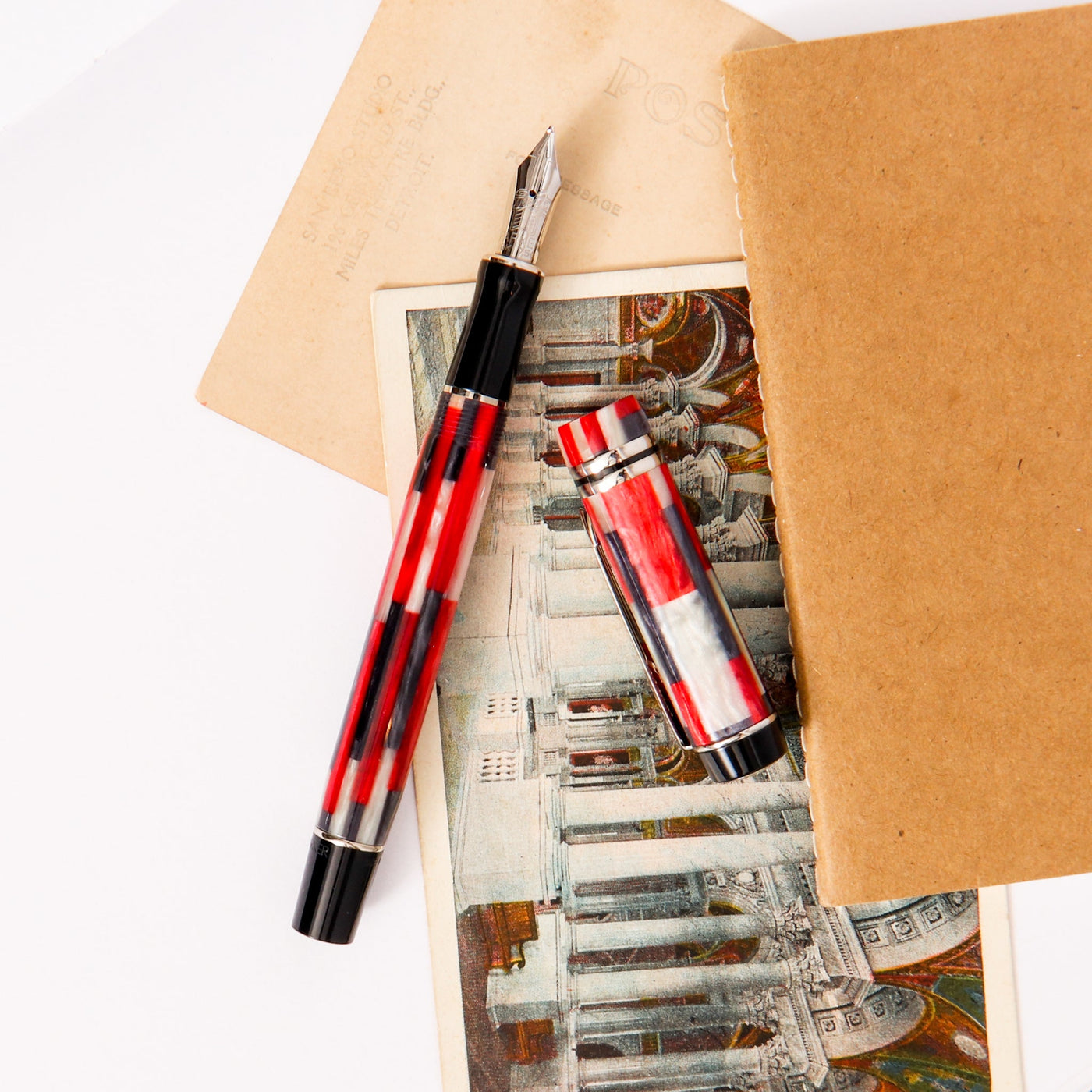 Parker Duofold International Mosaic Red Fountain Pen With White Black And Silver
