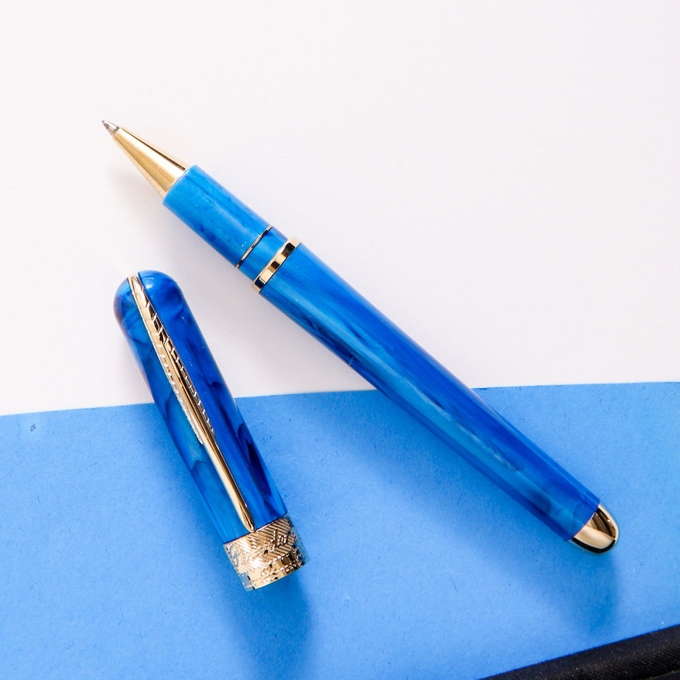 Pineider Avatar Deluxe Neptune Blue Rollerball Pen Gold Trim