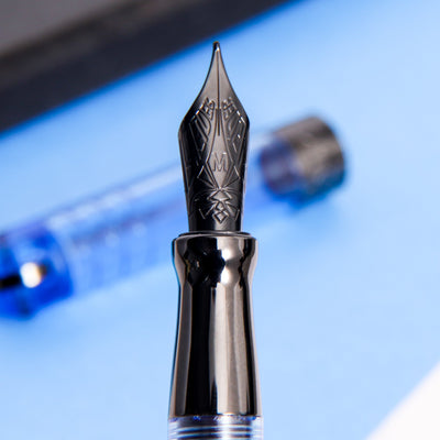 Pineider Avatar UR Demo Black Ice Blue Fountain Pen Black Stainless Steel Nib Detail