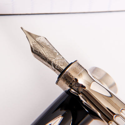 Pineider La Grande Bellezza Rocco Black with Palladium Trim Fountain Pen Stainless Steel Nib Detail