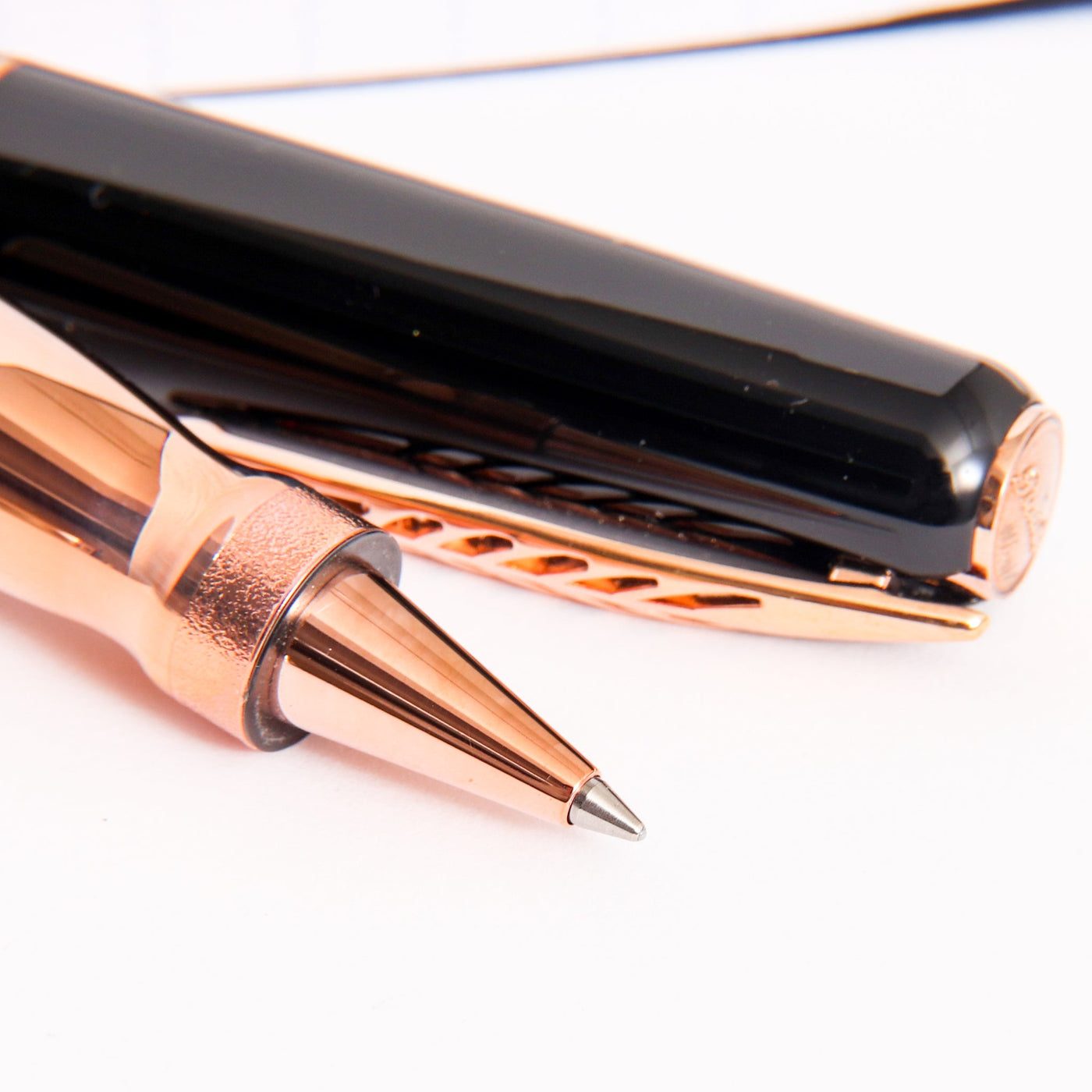 Pineider La Grande Bellezza Rocco Black with Rose Gold Trim Rollerball Pen Tip