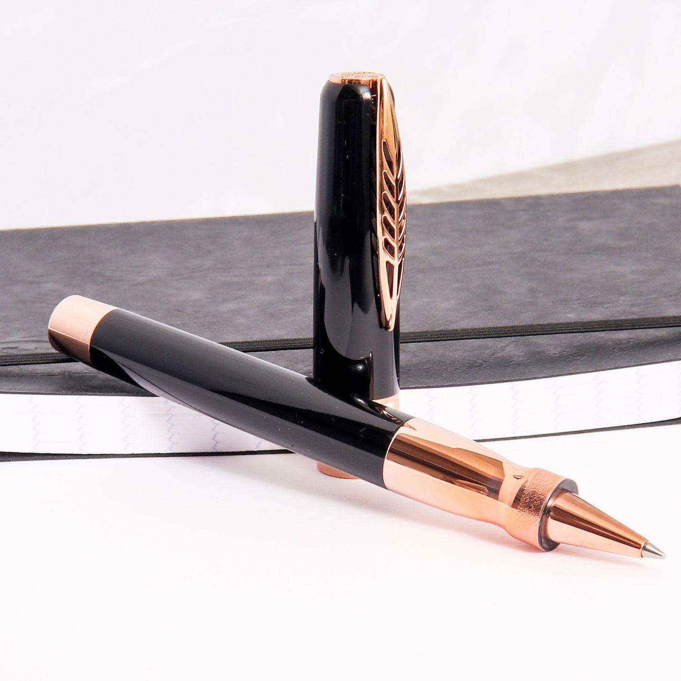 Pineider La Grande Bellezza Rocco Black with Rose Gold Trim Rollerball Pen Uncapped