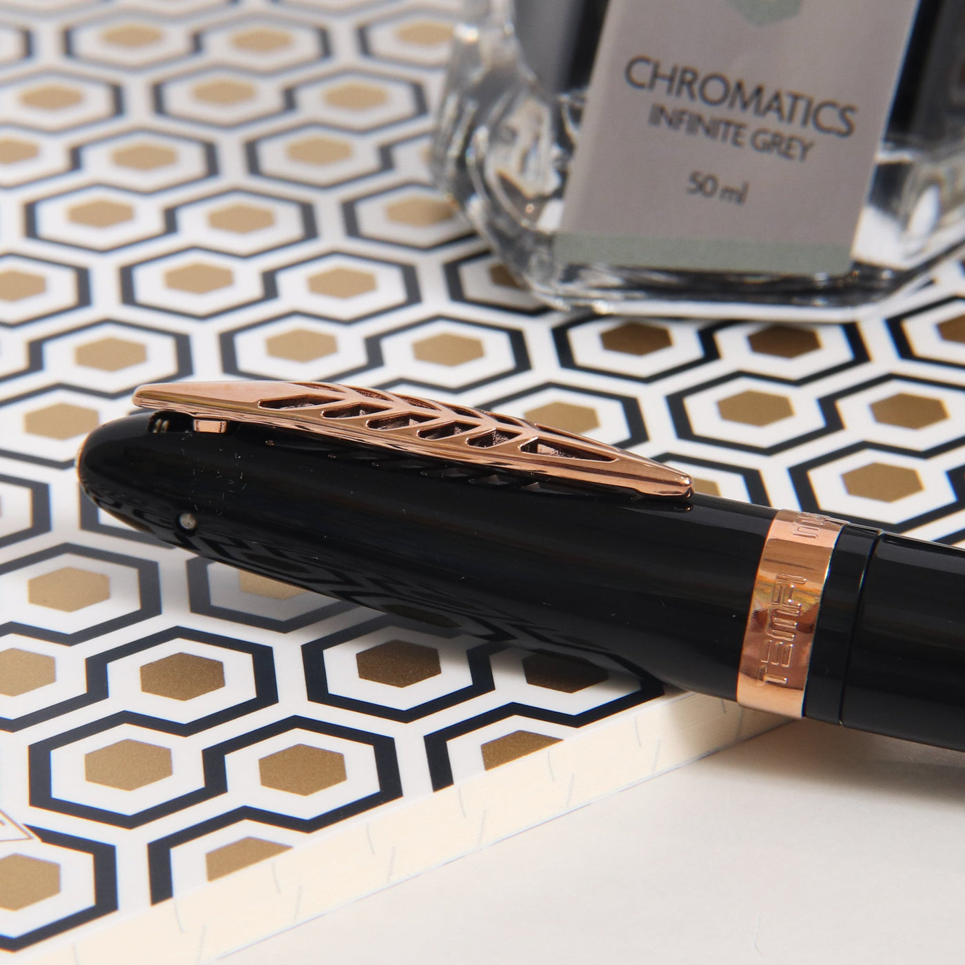 Pineider Modern Times Black & Rose Gold Rollerball Pen Clip