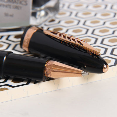 Pineider Modern Times Black & Rose Gold Rollerball Pen Tip Details