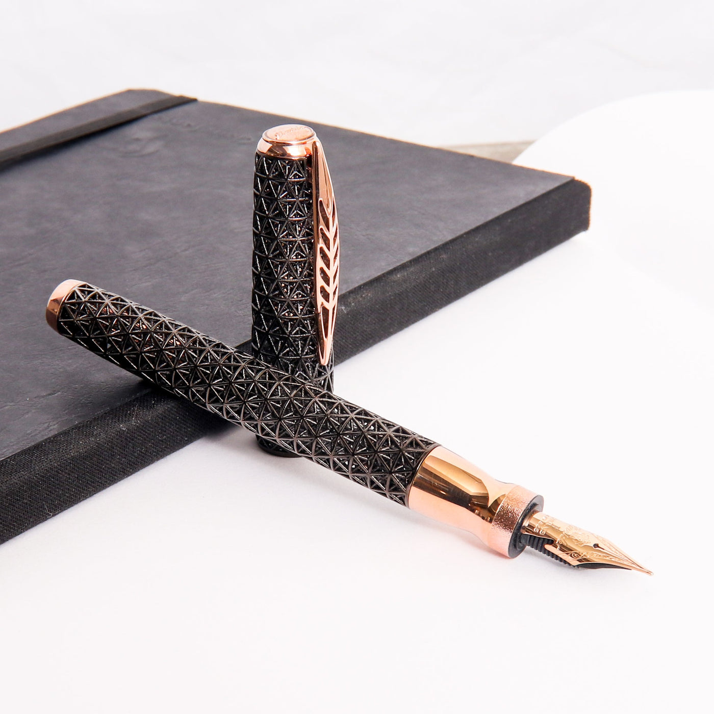 Pineider Psycho Black with Rose Gold Trim Fountain Pen Uncapped