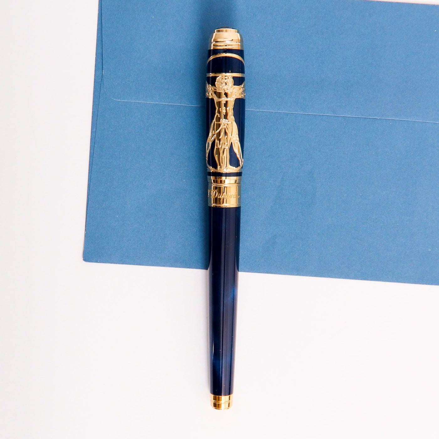 ST Dupont Line D Large Blue Vitruvian Man Fountain Pen Leonardo da Vinci Drawing