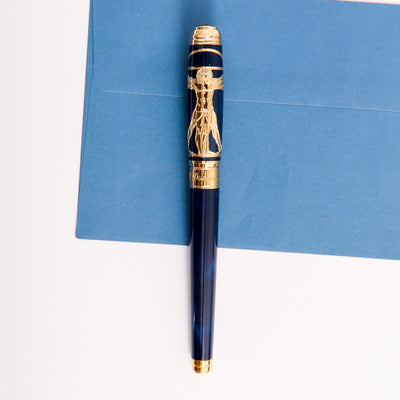 ST Dupont Line D Large Blue Vitruvian Man Fountain Pen Leonardo da Vinci Drawing