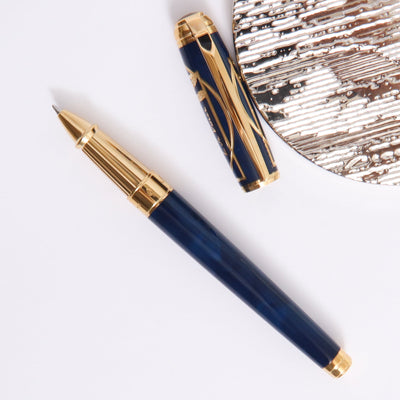 ST Dupont Line D Large Blue Vitruvian Man Rollerball Pen With Gold Trim