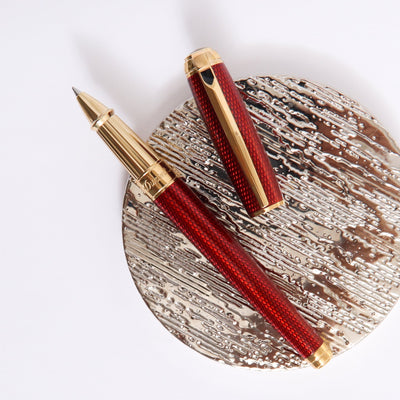 ST Dupont Line D Large Diamond Guilloche Ruby Rollerball Pen With Gold Trim