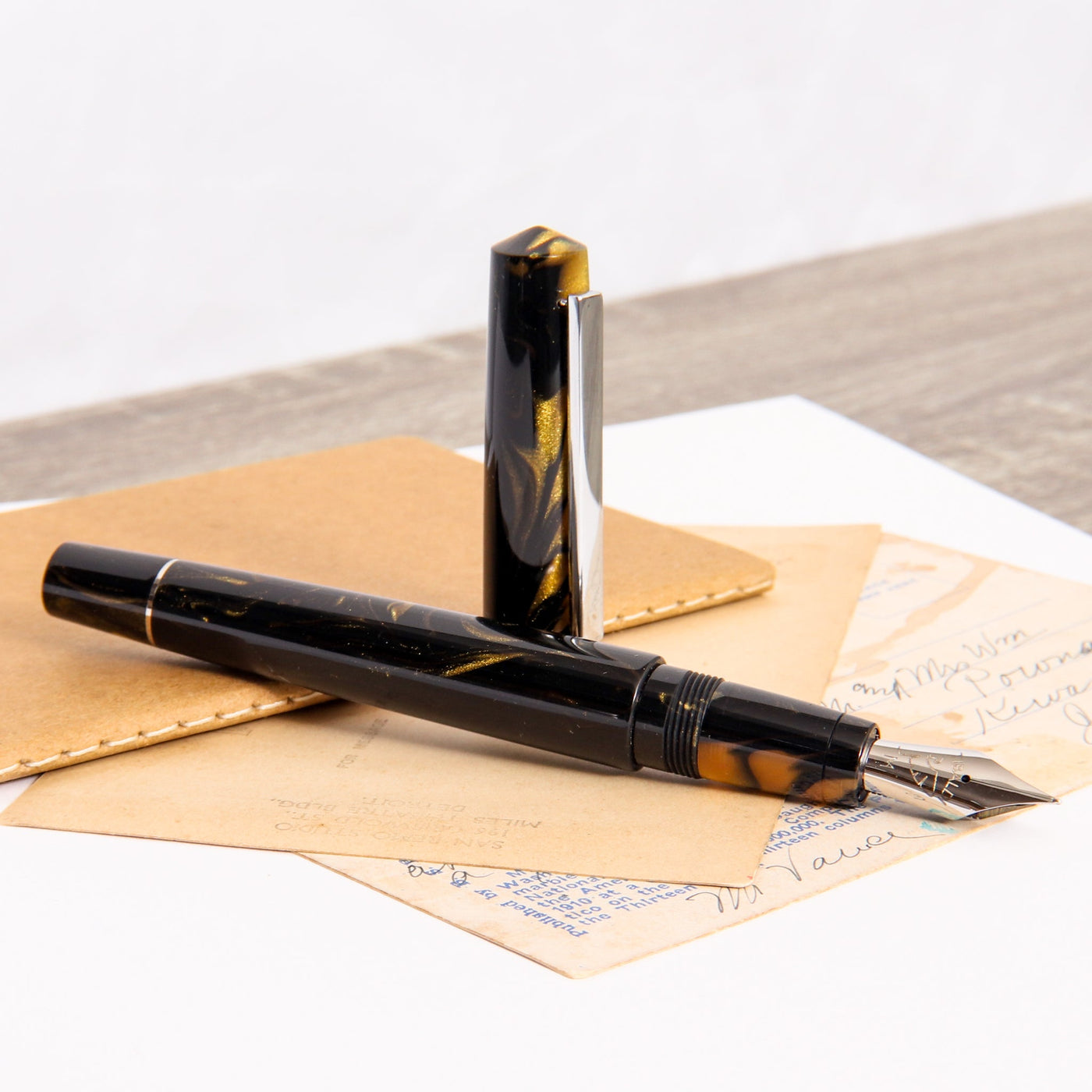 Tibaldi-Infrangible-Black-Gold-Fountain-Pen-Uncapped