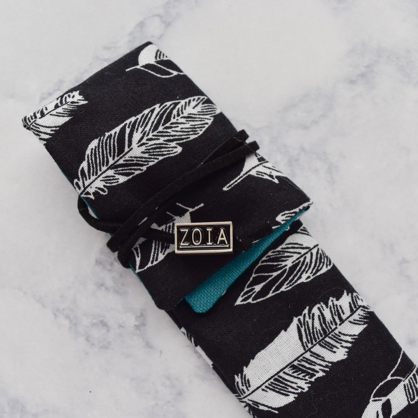 Zoia Black Feather & Turquoise Interior Handmade Single One Pen Kimono Sleeve-Zoia-Truphae